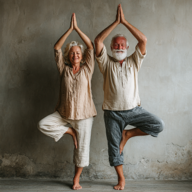 Възрастни хора практикуват йога в спокойна обстановка - демонстрация на нежни йога пози