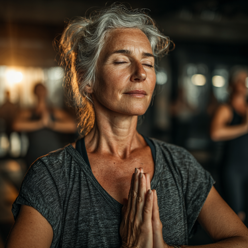 Група възрастни хора се усмихват след йога урок - приятелска атмосфера и общност